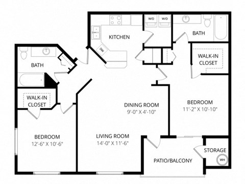 Floor plan for 2 beds, 2 baths, 1098 sqft