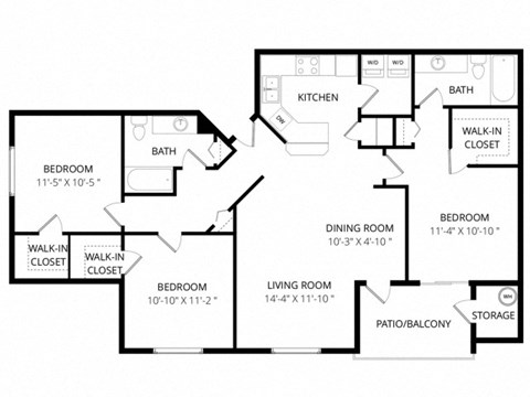 Floor plan for 3 beds, 2 baths, 1285 sqft