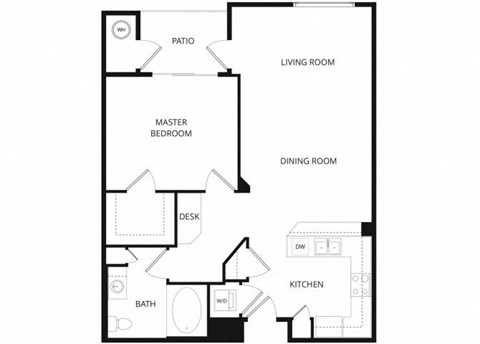Floor plan for 1 bed, 1 bath, 741 sqft
