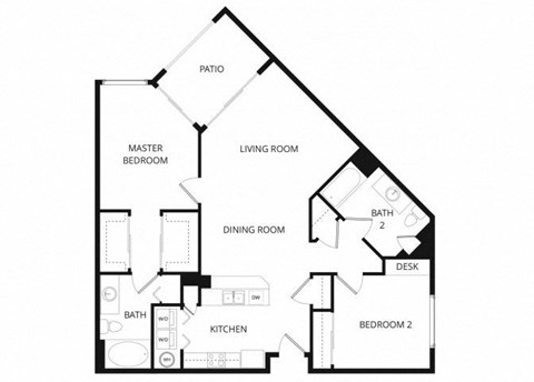 Floor plan for 2 beds, 2 baths, 1052 sqft