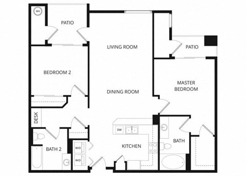 Floor plan for 2 beds, 2 baths, 1013 sqft