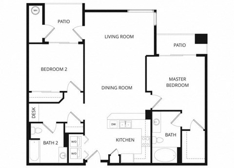 Floor plan for 2 beds, 2 baths, 1030 sqft