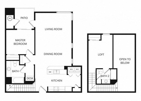 Floor plan for 1 bed, 2 baths, 1017 sqft