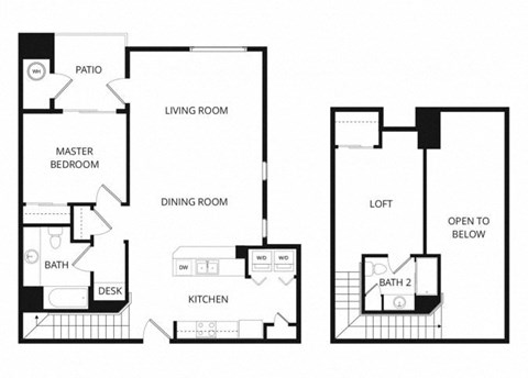 Floor plan for 1 bed, 2 baths, 1024 sqft