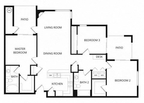 Floor plan for 3 beds, 2 baths, 1273 sqft