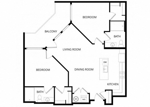 Floor plan for 2 beds, 2 baths, 1048 sqft