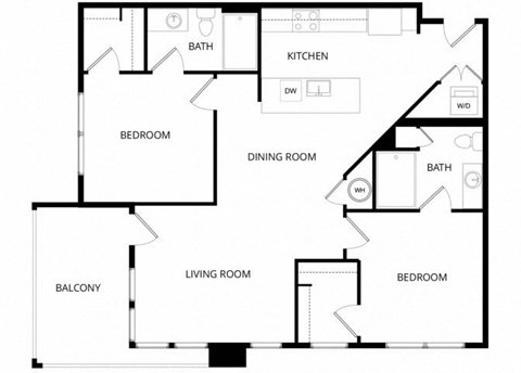 Floor plan for 2 beds, 2 baths, 1024 sqft