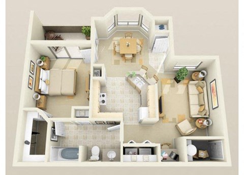 Floor plan for 1 bed, 1 bath, 899 sqft