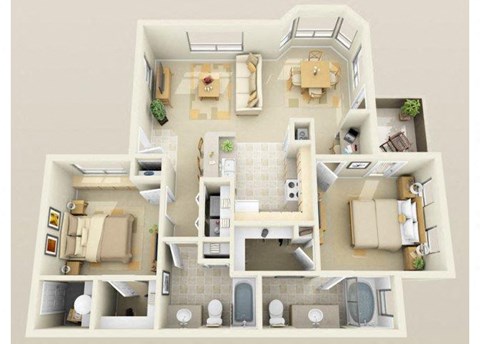 Floor plan for 2 beds, 2 baths, 1125 sqft
