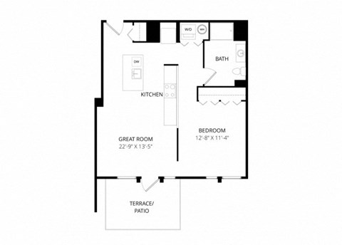 Floor plan for 1 bed, 1 bath, 697 sqft