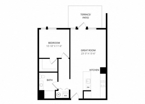 Floor plan for 1 bed, 1 bath, 708 sqft