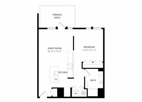 Floor plan for 1 bed, 1 bath, 708 sqft