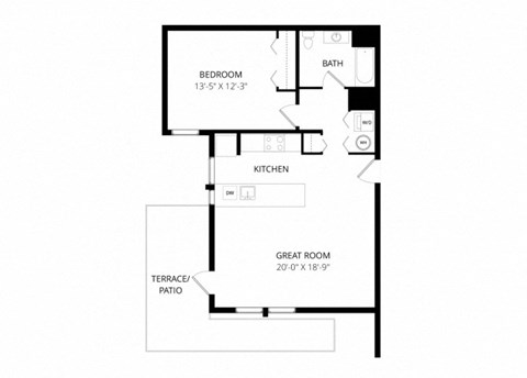 Floor plan for 1 bed, 1 bath, 828 sqft