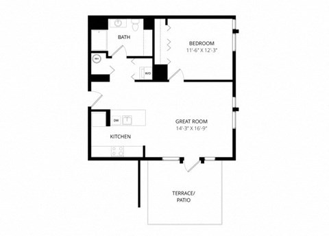 Floor plan for 1 bed, 1 bath, 746 sqft