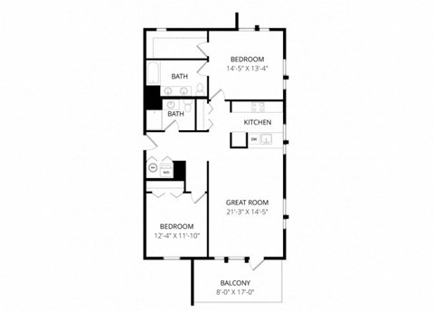 Floor plan for 2 beds, 2 baths, 1256 sqft