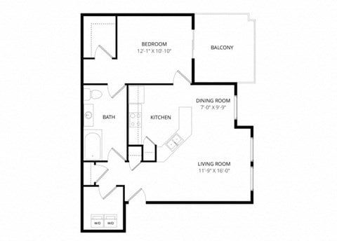 Floor plan for 1 bed, 1 bath, 740 sqft