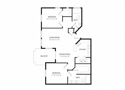 Floor plan for 2 beds, 2 baths, 965 sqft
