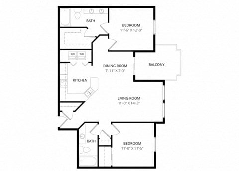 Floor plan for 2 beds, 2 baths, 998 sqft