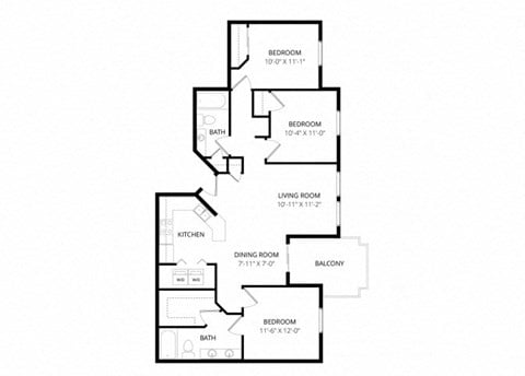 Floor plan for 3 beds, 2 baths, 1106 sqft