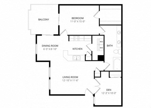 Floor plan for 1 bed, 1 bath, 937 sqft