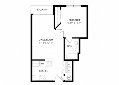 Floor plan for 1 bed, 1 bath, 528 sqft