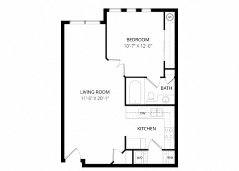 Floor plan for 1 bed, 1 bath, 636 sqft