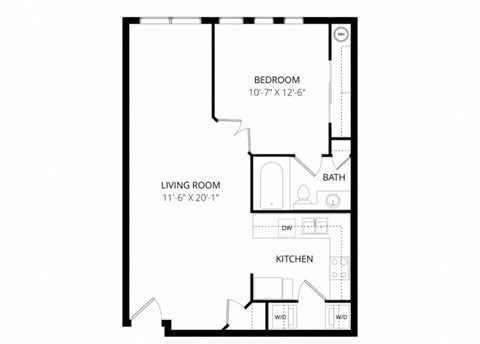 Floor plan for 1 bed, 1 bath, 652 sqft
