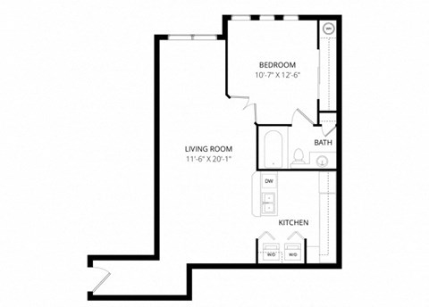 Floor plan for 1 bed, 1 bath, 689 sqft