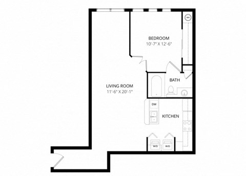 Floor plan for 1 bed, 1 bath, 705 sqft