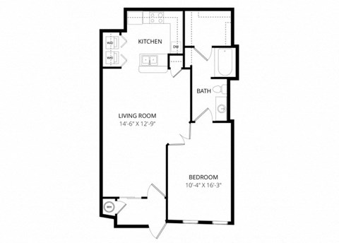 Floor plan for 1 bed, 1 bath, 721 sqft