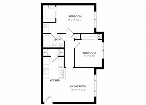 Floor plan for 2 beds, 1 bath, 705 sqft