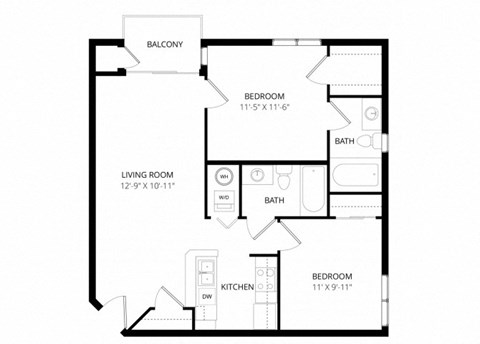 Floor plan for 2 beds, 2 baths, 801 sqft
