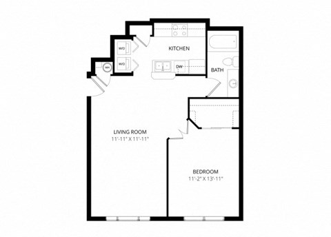 Floor plan for 1 bed, 1 bath, 723 sqft