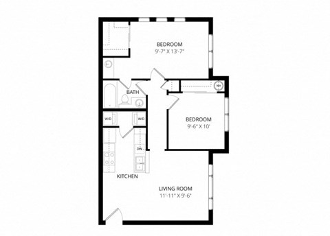 Floor plan for 2 beds, 1 bath, 705 sqft