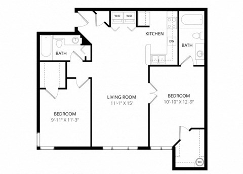 Floor plan for 2 beds, 2 baths, 905 sqft