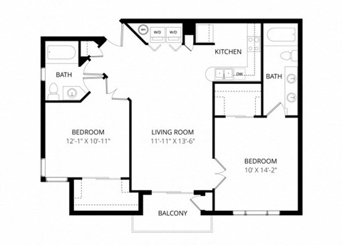 Floor plan for 2 beds, 2 baths, 971 sqft