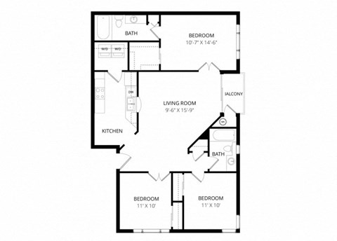 Floor plan for 3 beds, 2 baths, 1062 sqft