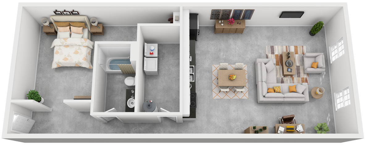 Floor plan for 1 bed, 1 bath, 940 sqft