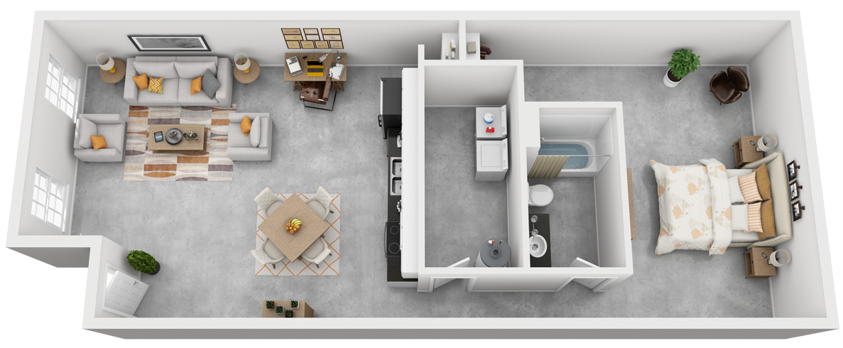 Floor plan for 1 bed, 1 bath, 977 sqft