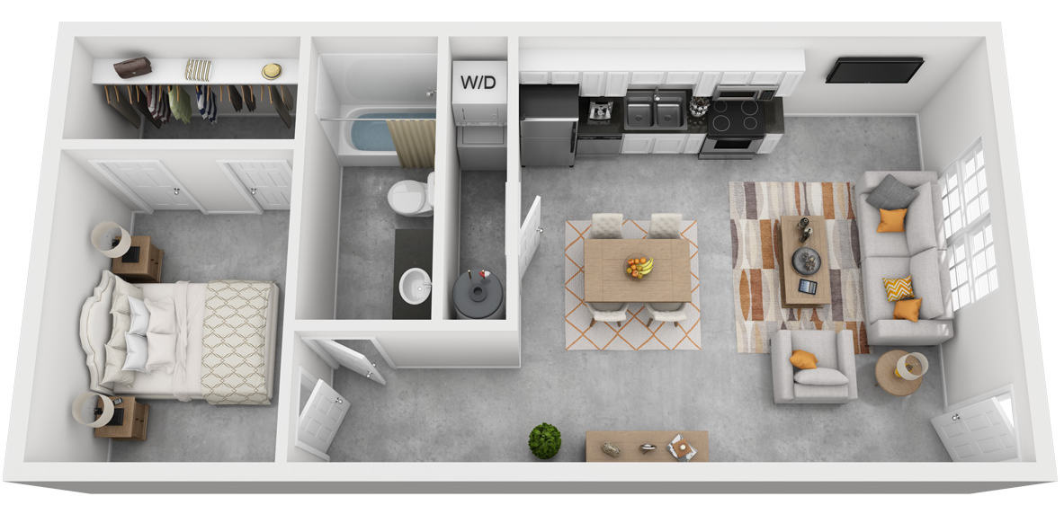 Floor plan for 1 bed, 1 bath, 675 sqft