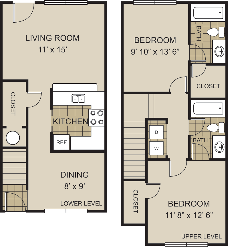 Floor plan for 2 beds, 2 baths, 1145 sqft
