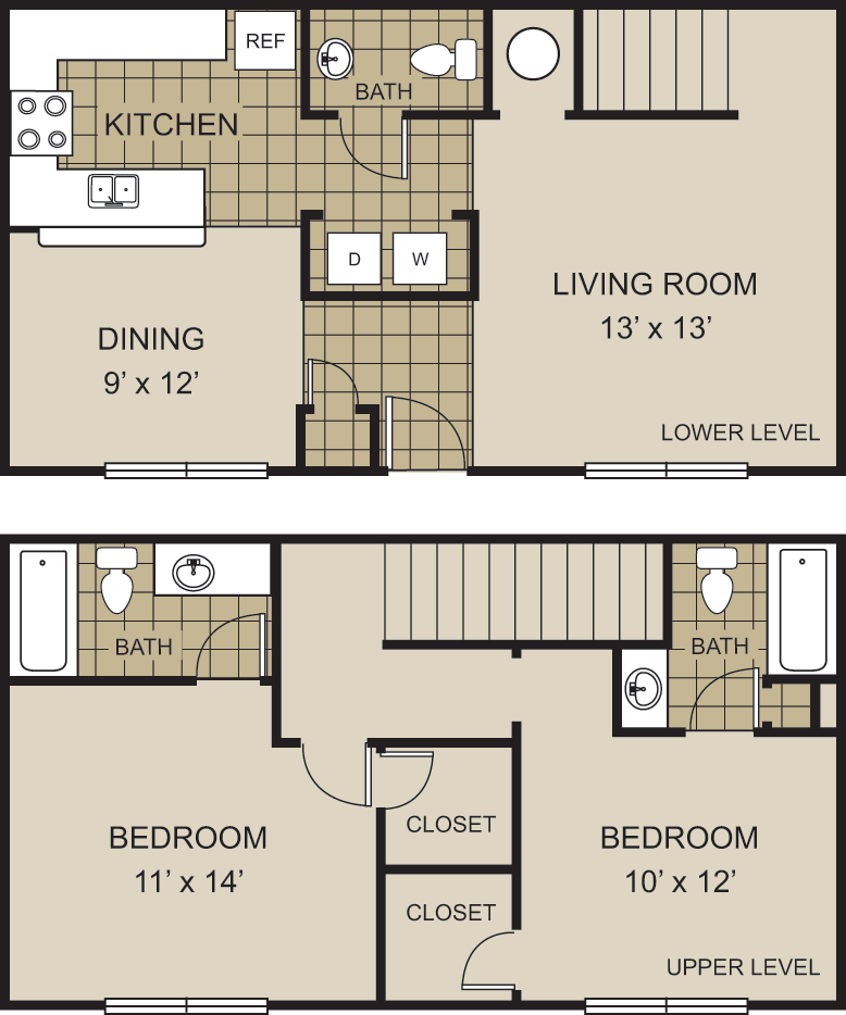 Floor plan for 2 beds, 2.5 baths, 1152 sqft