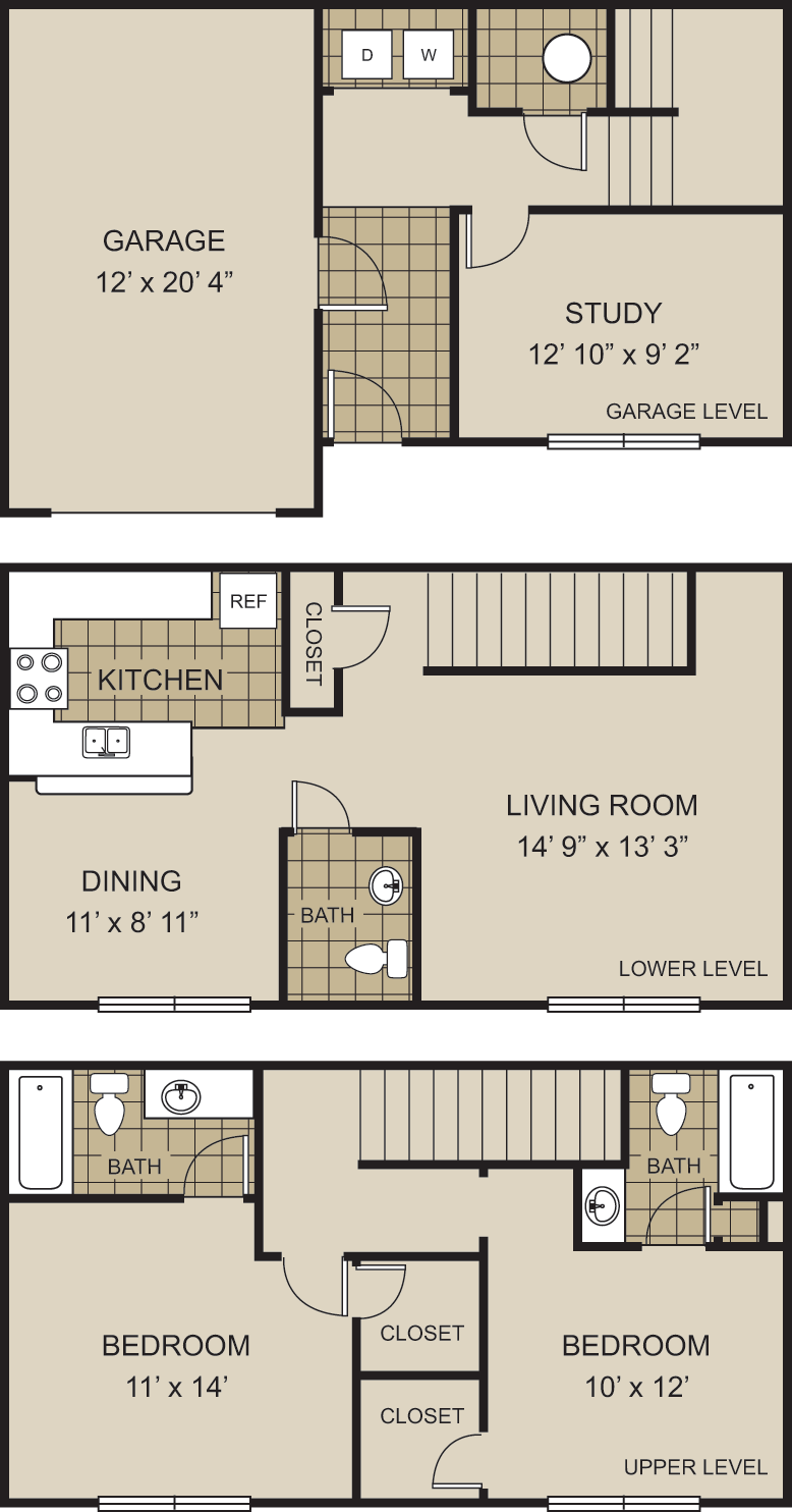 Floor plan for 2 beds, 2.5 baths, 1486 sqft