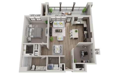 Floor plan for 1 bed, 1 bath, 969 sqft