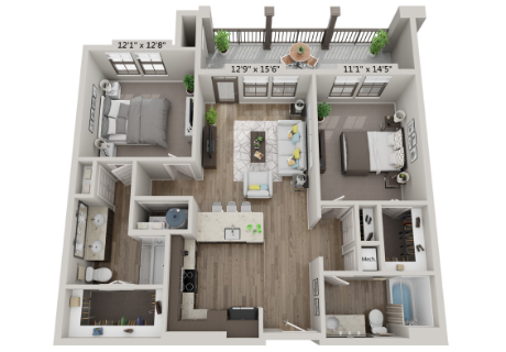 Floor plan for 2 beds, 2 baths, 1065 sqft