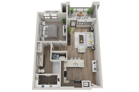 Floor plan for 1 bed, 1 bath, 744 sqft