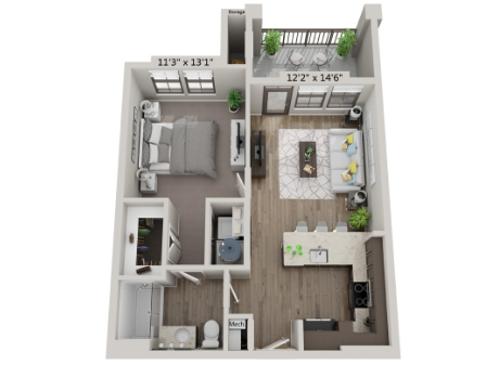 Floor plan for 1 bed, 1 bath, 616 sqft