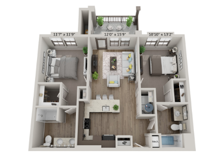 Floor plan for 2 beds, 2 baths, 945 sqft