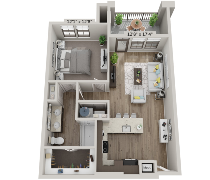 Floor plan for 1 bed, 1 bath, 680 sqft