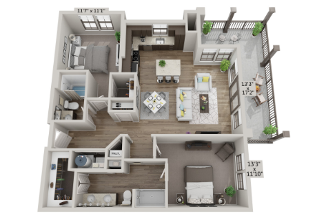 Floor plan for 2 beds, 2 baths, 1129 sqft